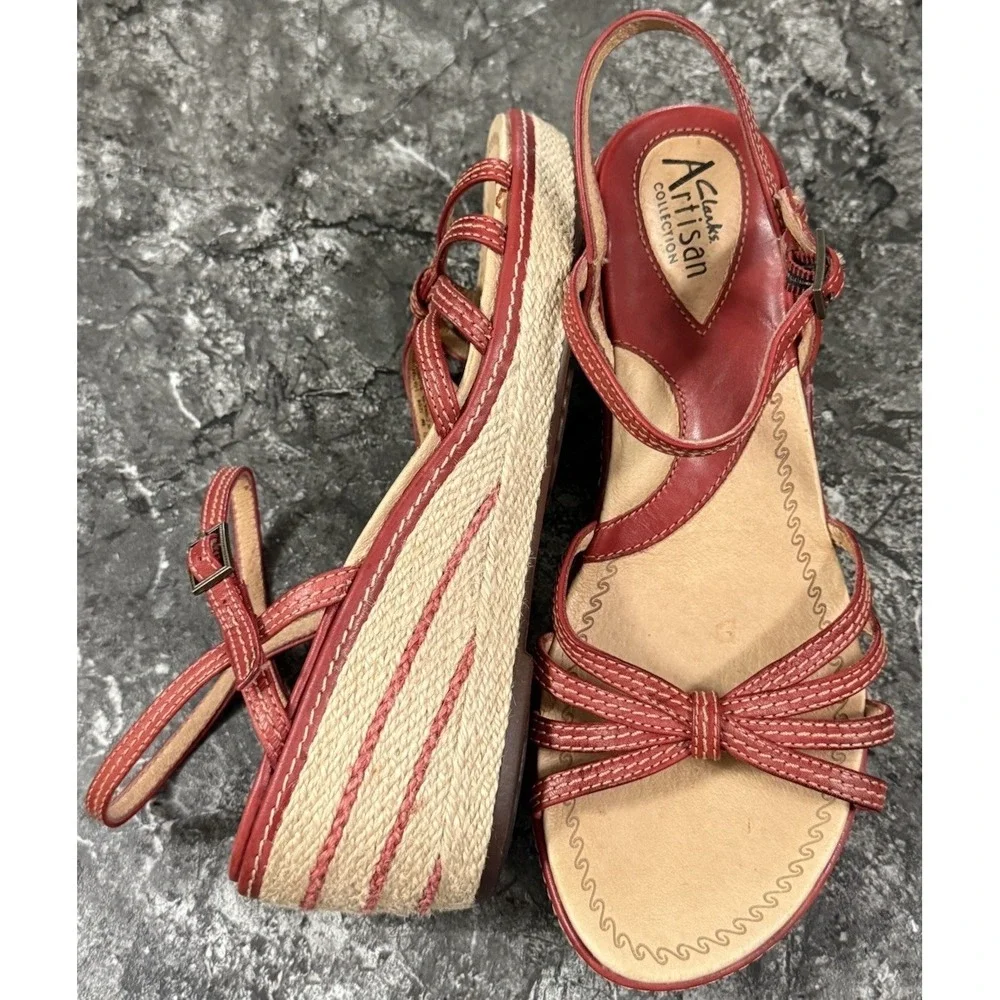 Clarks Artisan Collection Red Leather‎ Espadrille Wedge Sandals 8M